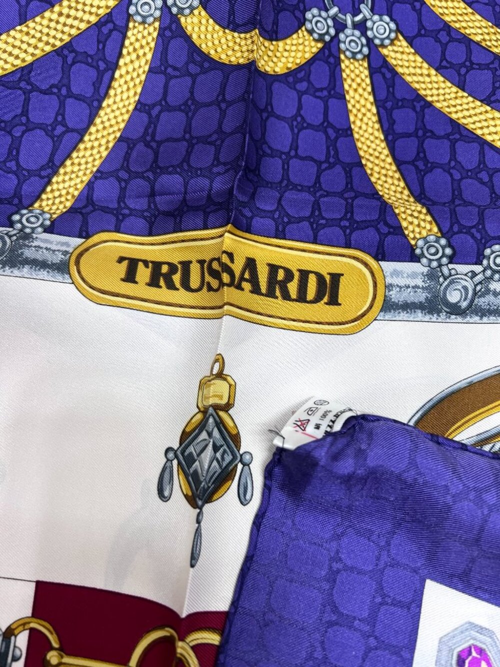 New- Beautiful Trussardi 100% silk Scarf satin 35" Purple Blue White Gold (17 - Picture 13 of 16